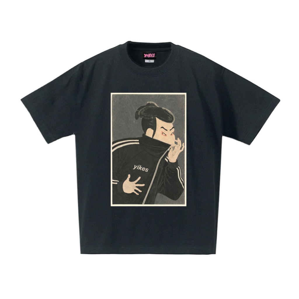 ネオトーキョー絵　写楽 パロディ　ブラックTシャツ　7.4オンス　オーバーサイズ / Neo-Tokyo Art / Sharaku Parody Black T-Shirt (7.4 oz, Oversized)