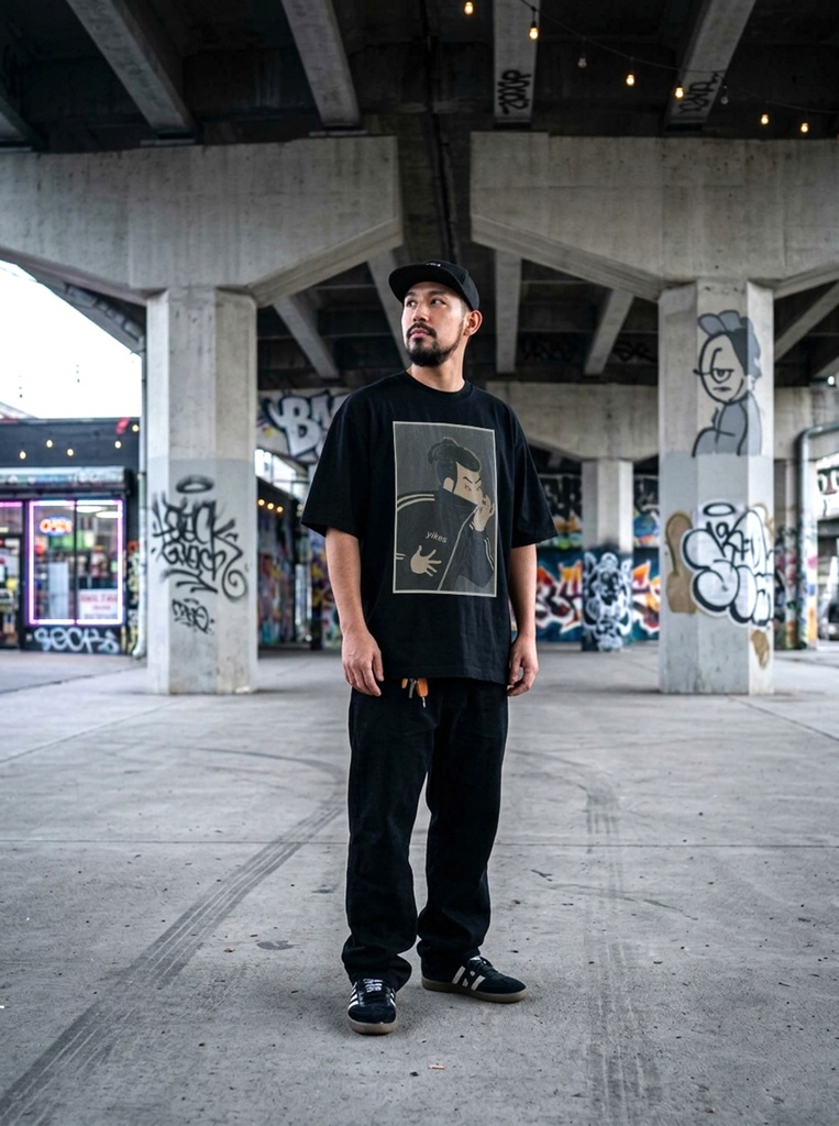 ネオトーキョー絵 写楽 パロディ ブラックTシャツ 7.4オンス オーバーサイズ / Neo-Tokyo Art / Sharaku Parody Black T-Shirt (7.4 oz, Oversized)