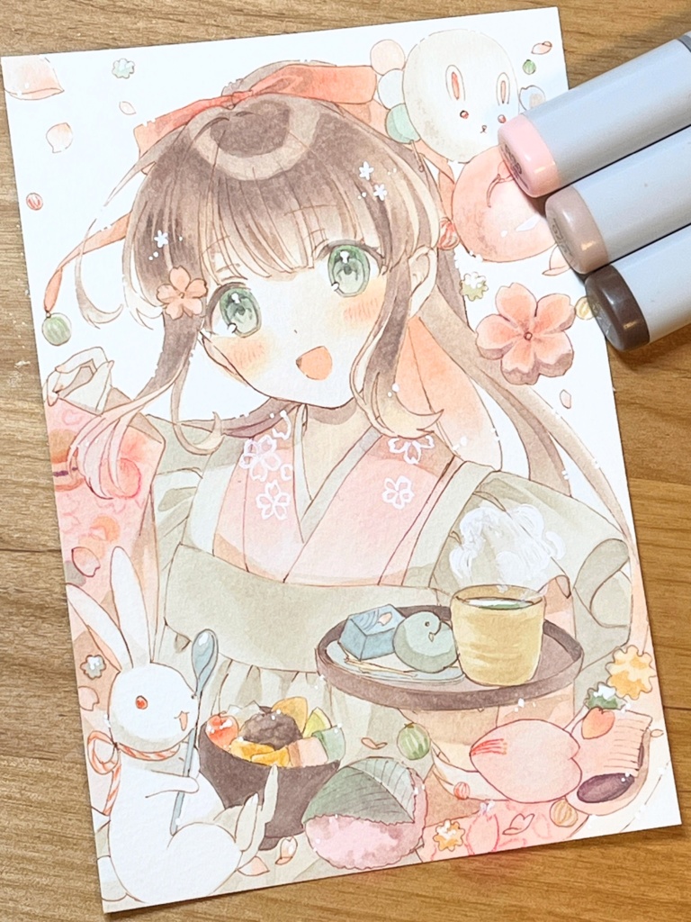 手描きイラスト　桜菓子 兎和