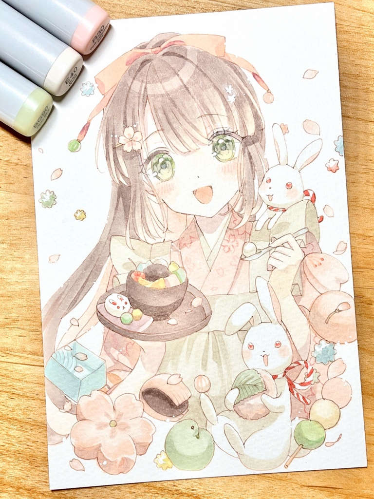 手描きイラスト　桜菓子 兎和