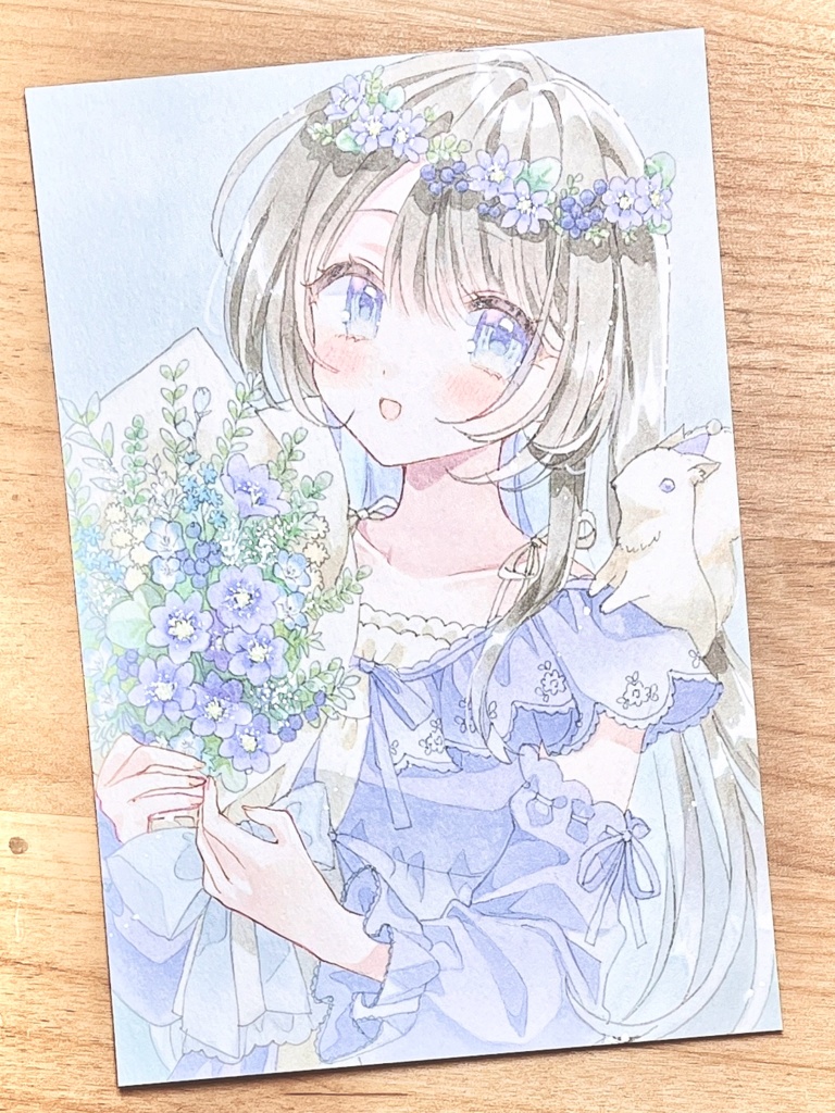 手描きイラスト　白リスとミスミソウ