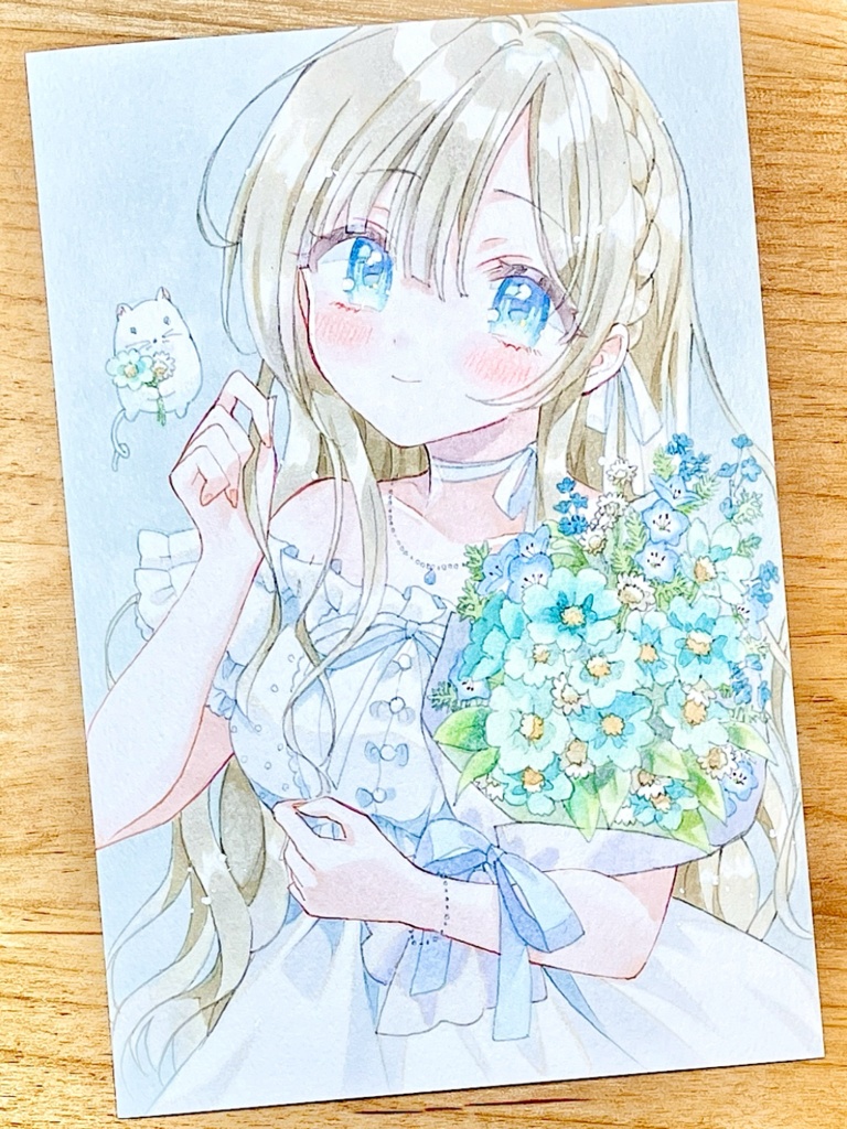 手描きイラスト　白ねずみと女の子