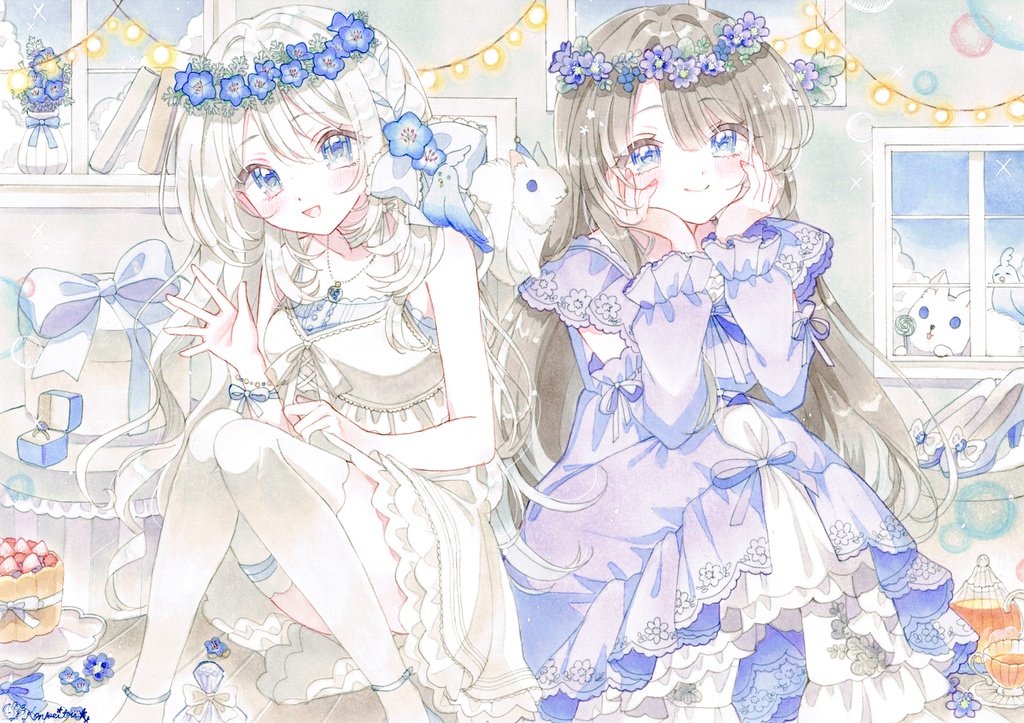 手描きイラスト　ネモフィラとみすみ