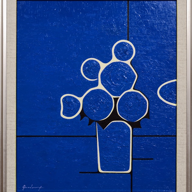 厚塗り油絵◆『青い花』◆がんどうあつし肉筆直筆油彩画絵画F8号シルバー新品額縁付