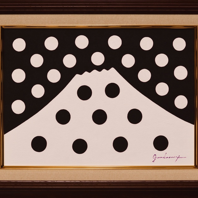 ●【雪のドット&白富士】○がんどうあつし肉筆絵画アクリルF4ブラウン額付冬富士山