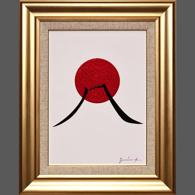 油絵原画●『日の丸の太陽と富士山』がんどうあつし肉筆絵画F4号額縁付日の出朝日本