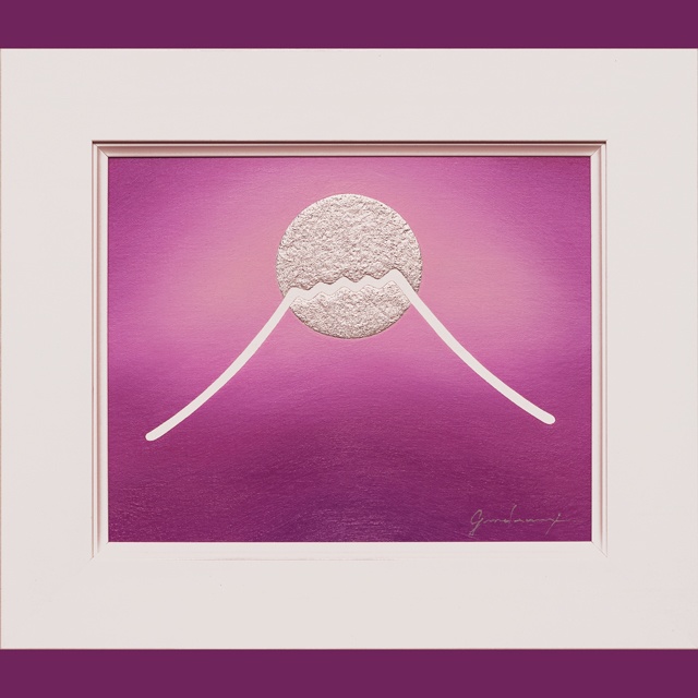 ●『紫の富士』●がんどうあつし絵画油絵F3号ホワイト額縁付●モーヴ富士山月太陽