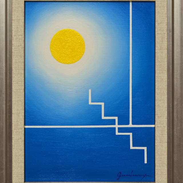 ●『青の部屋』●がんどうあつし絵画油絵F4号額縁付肉筆直筆寒色ブルー沈静化集中力