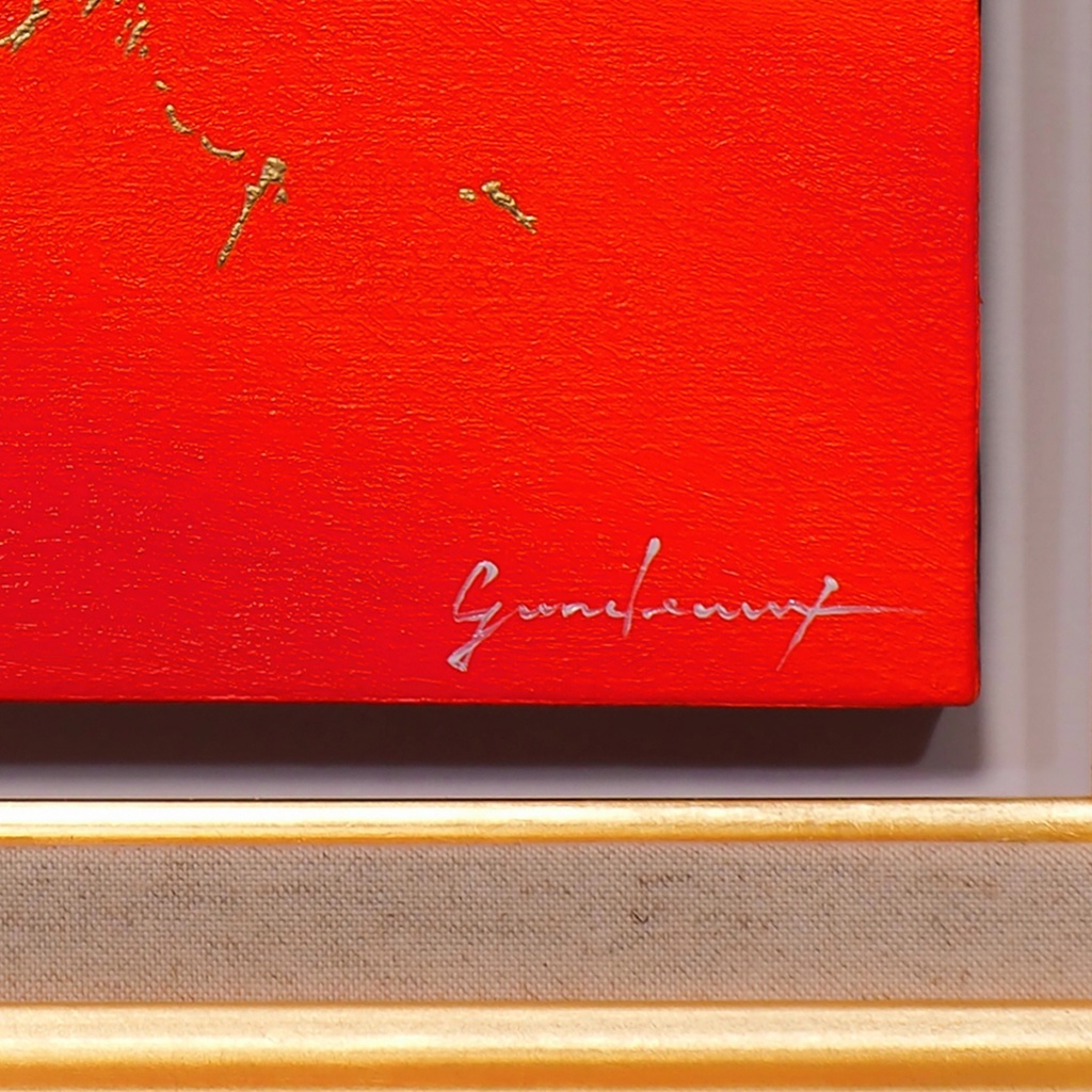 ●『金の太陽の日の出赤富士(富士吉田)』●がんどうあつし絵画油絵額縁付開運富士山