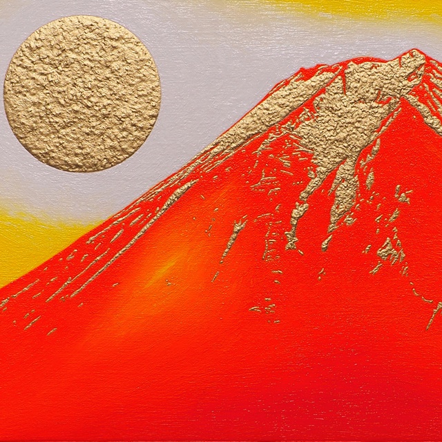●『金の太陽の日の出赤富士(富士吉田)』●がんどうあつし絵画油絵額縁付開運富士山