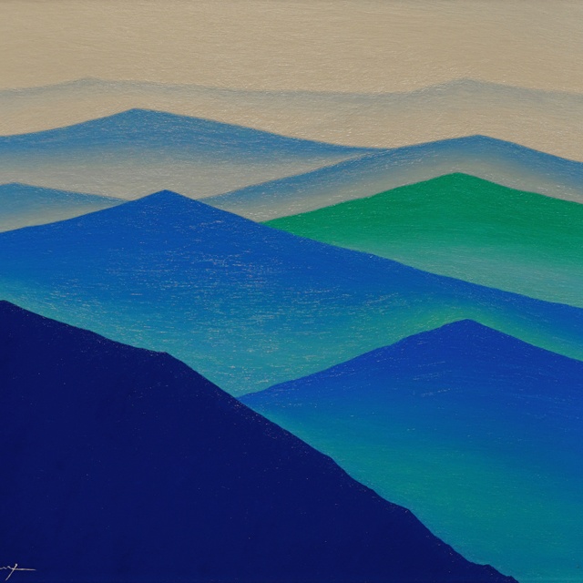 肉筆油絵◆『青のやまなみ』◆がんどうあつし真作直筆絵画F8号シルバー額付