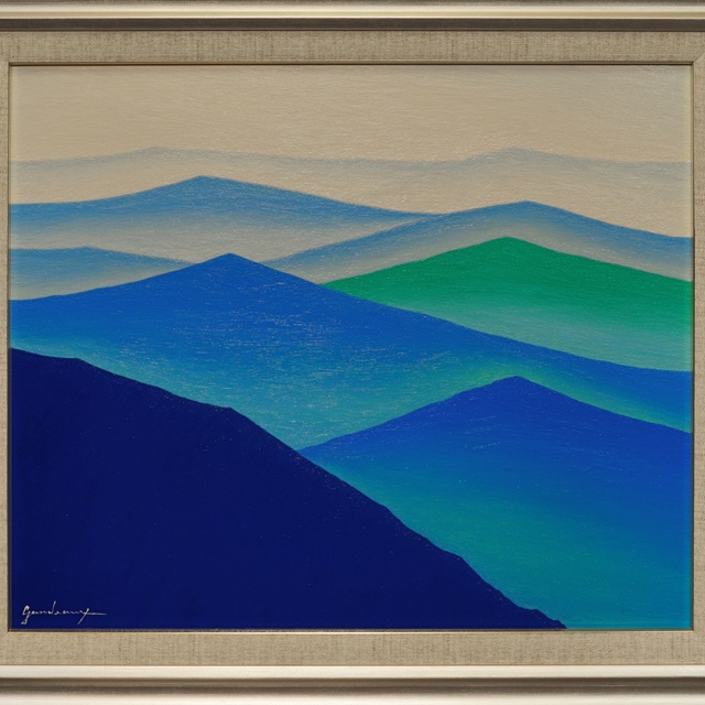 肉筆油絵◆『青のやまなみ』◆がんどうあつし真作直筆絵画F8号シルバー額付