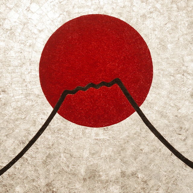 純プラチナ日本画岩絵具使用●太陽と銀の富士山▲がんどうあつし絵画白金箔シルバー