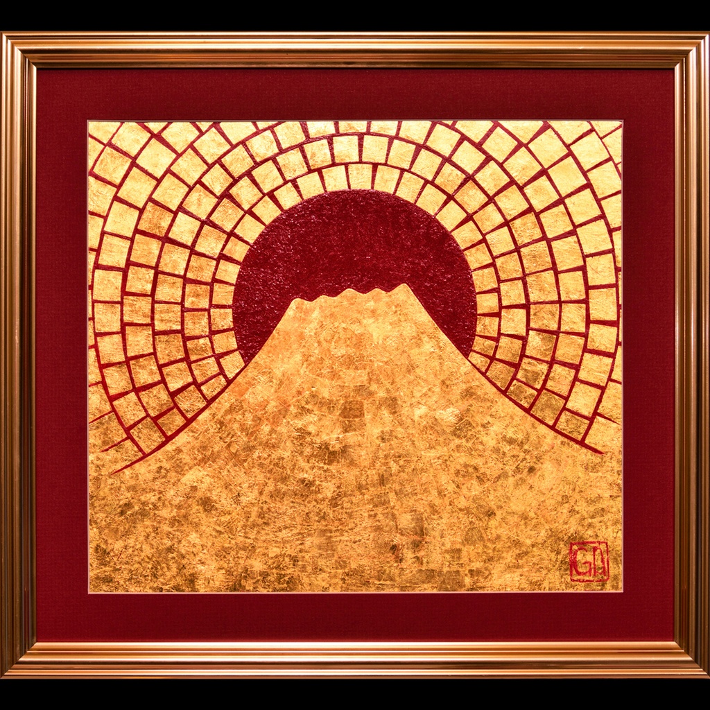 24K純金●『太陽と純金富士山』●がんどうあつし絵画コラージュ貼り絵色紙大額付