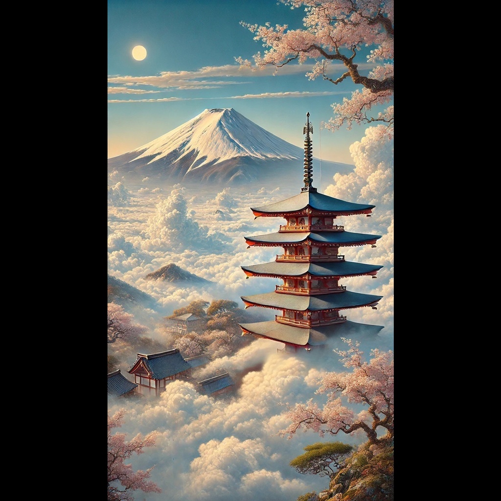 【AI画】雲にはのらぬものなれど 山里に咲く桜五重塔富士山雲海日本AIアートAIイラストAI生成画像