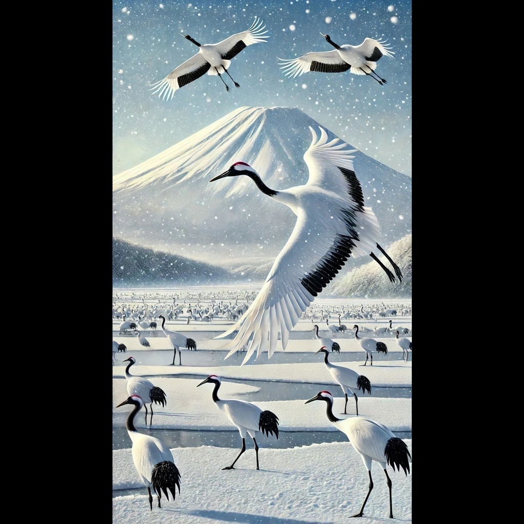 【AI富士山】鶴(たづ)鳴き渡る富士 タンチョウ丹頂冬雪日本AI生成画像AI絵画AIアートAIイラストAI画