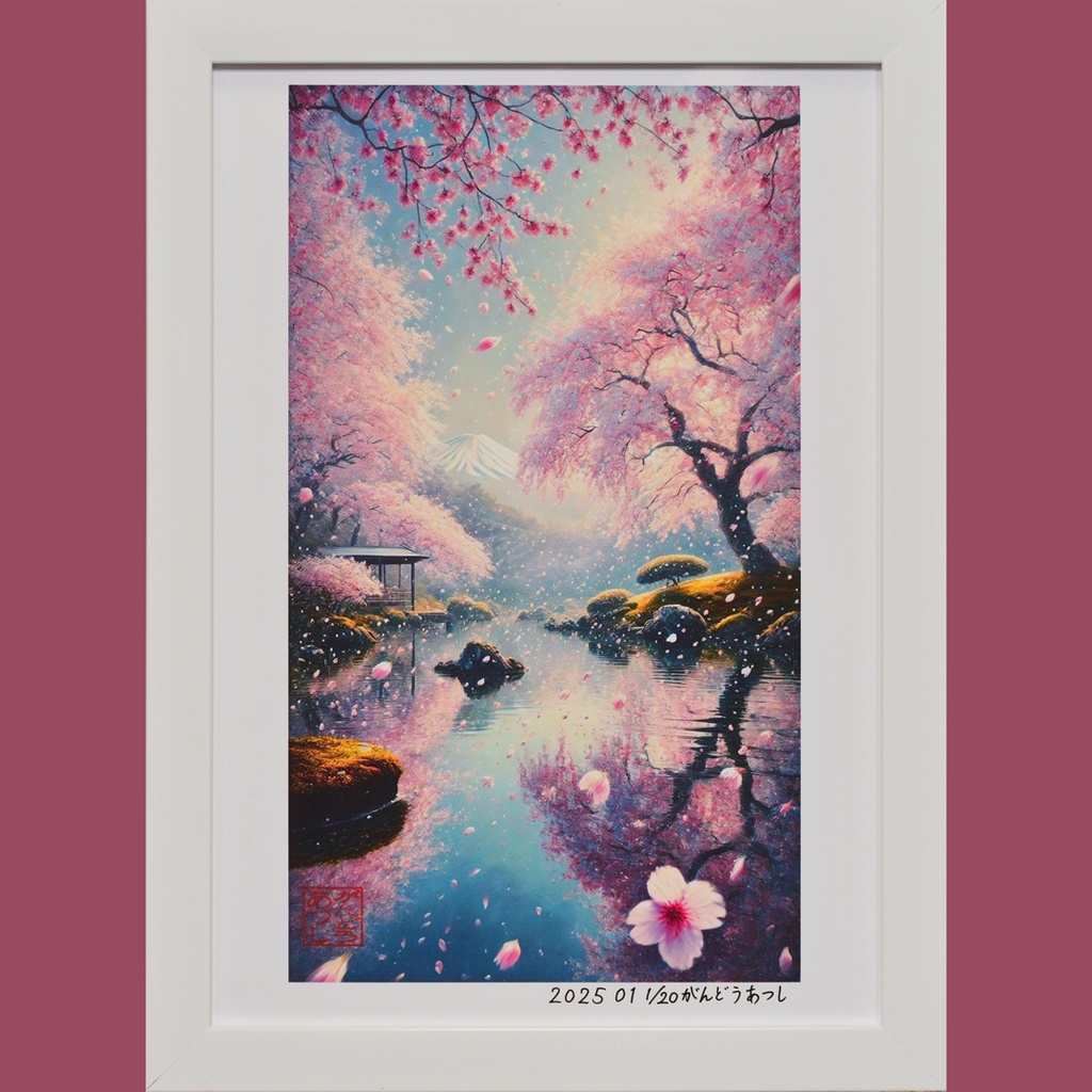 花さそふ 嵐の庭の 雪ならで【AIアート 桜富士山】A4額装品がんどうあつし制作
