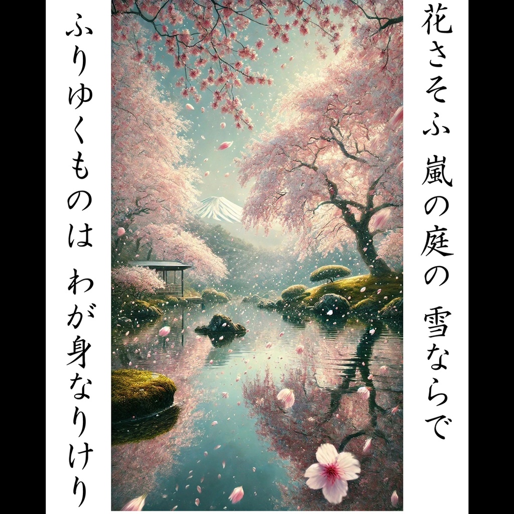 A3サイズで印刷確認済み●「花さそふ 嵐の庭の 雪ならで ふりゆくものは わが身なりけり」●AIアート桜富士山がんどうあつし制作
