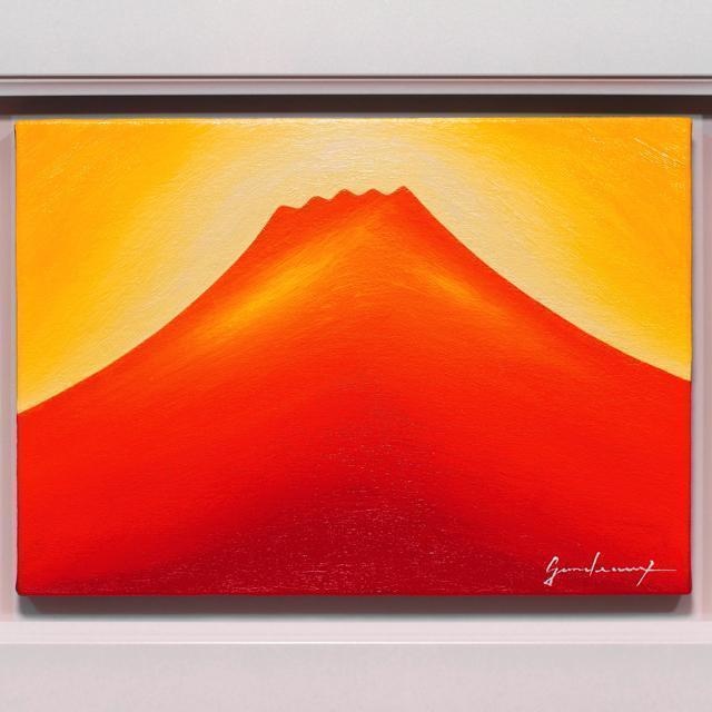 最高の発色▲【赤富士】●がんどうあつし絵画油絵F4号ホワイト額縁付開運風水富士山