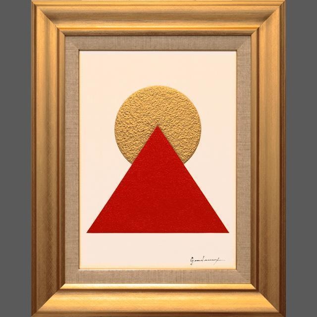 古代の神秘▲ピラミッドパワー赤富士▲がんどうあつし肉筆油絵画F4油彩額付太陽三角