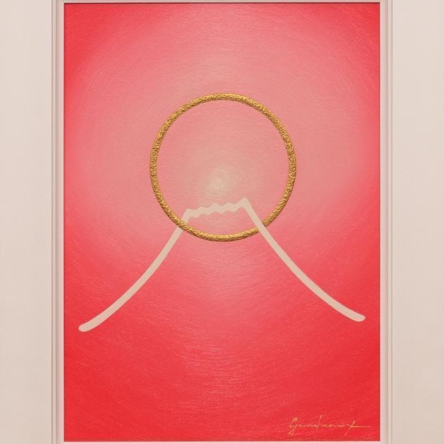 ◎お部屋が優しい感じに【桜色ピンク金太陽富士山】◎がんどうあつし油絵紅富士F4号