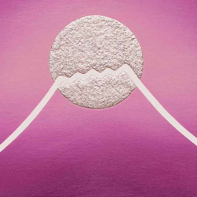●『紫の富士』●がんどうあつし絵画油絵F3号ホワイト額縁付●モーヴ富士山月太陽