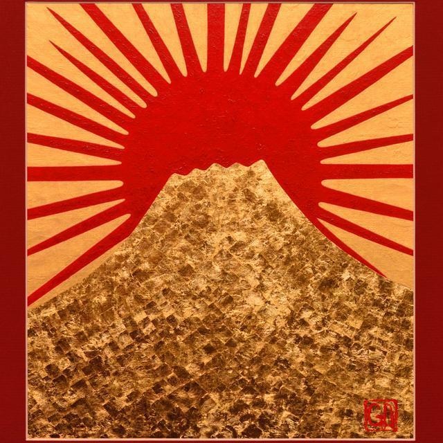 飾りやすい薄型額使用▲『太陽と黄金富士山』がんどうあつし絵画●国産本金箔四号色