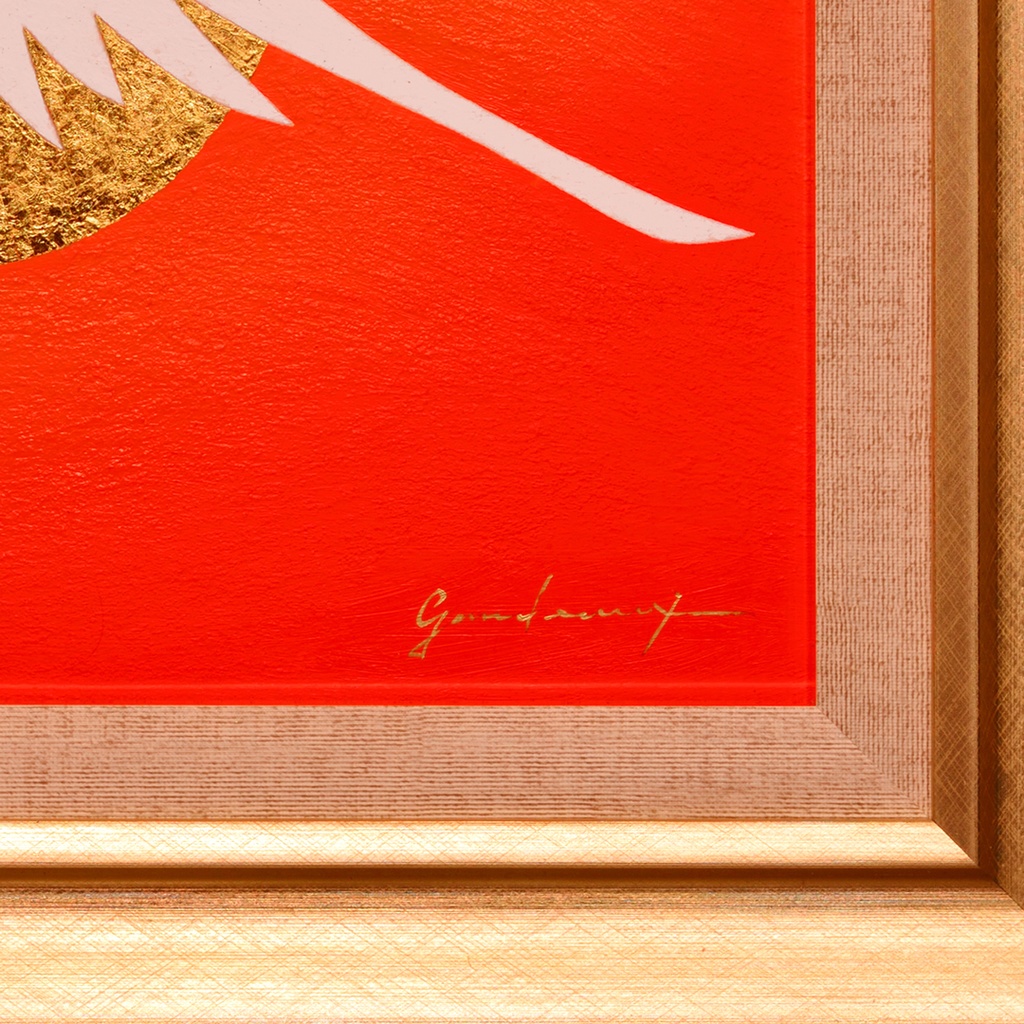 一点物●額装横47cm 24K純金箔使用●太陽朱色赤富士山●がんどうあつし油絵画