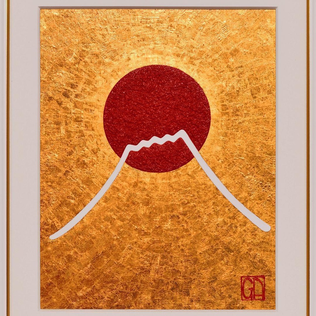 少し訳あり●『太陽と金の富士図』純金輝き▲がんどうあつし油絵画●金沢産24K金箔