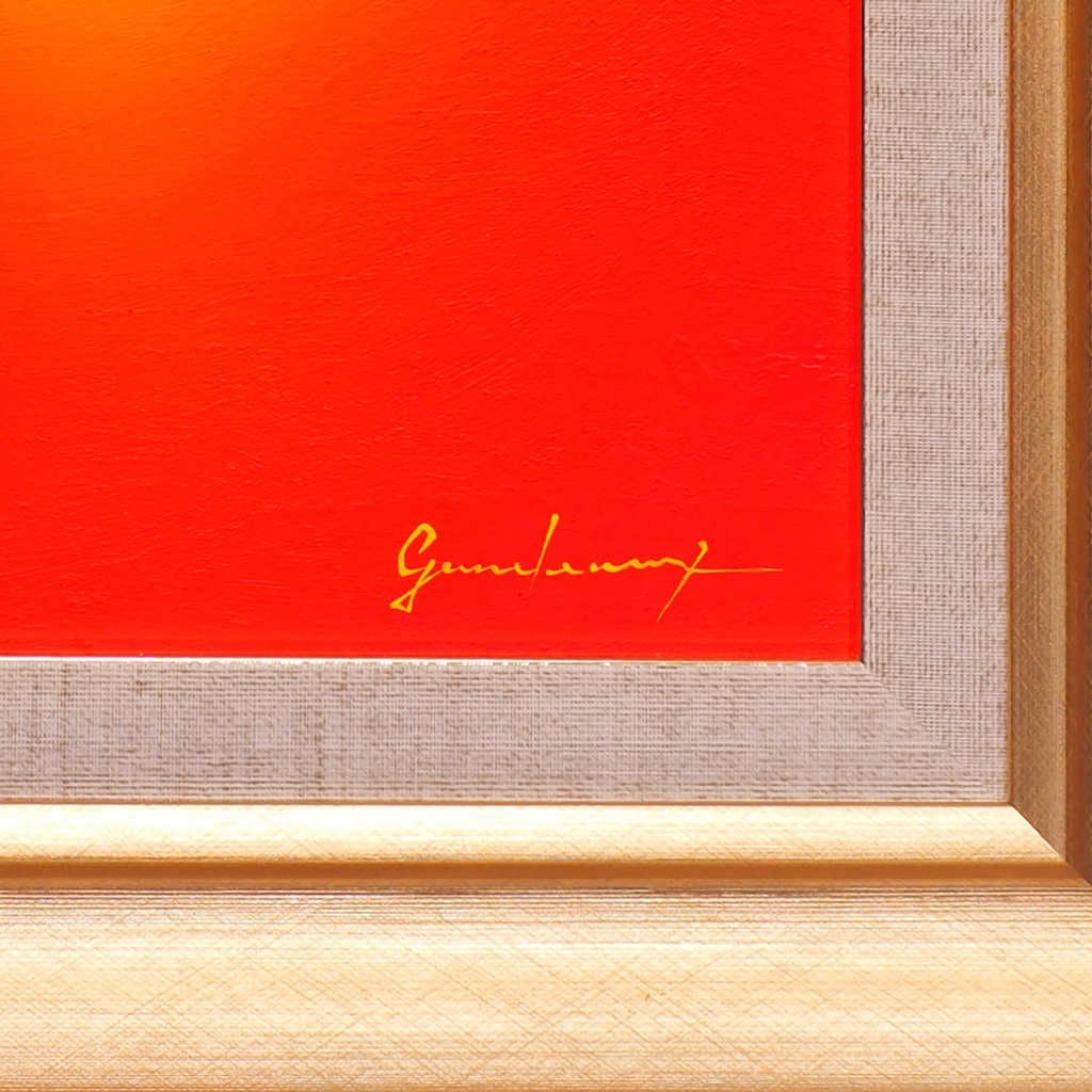 黄金の太陽と燃える炎のような赤富士山▲がんどあつし油絵画石川県産本金箔二号色(純金96.72%)