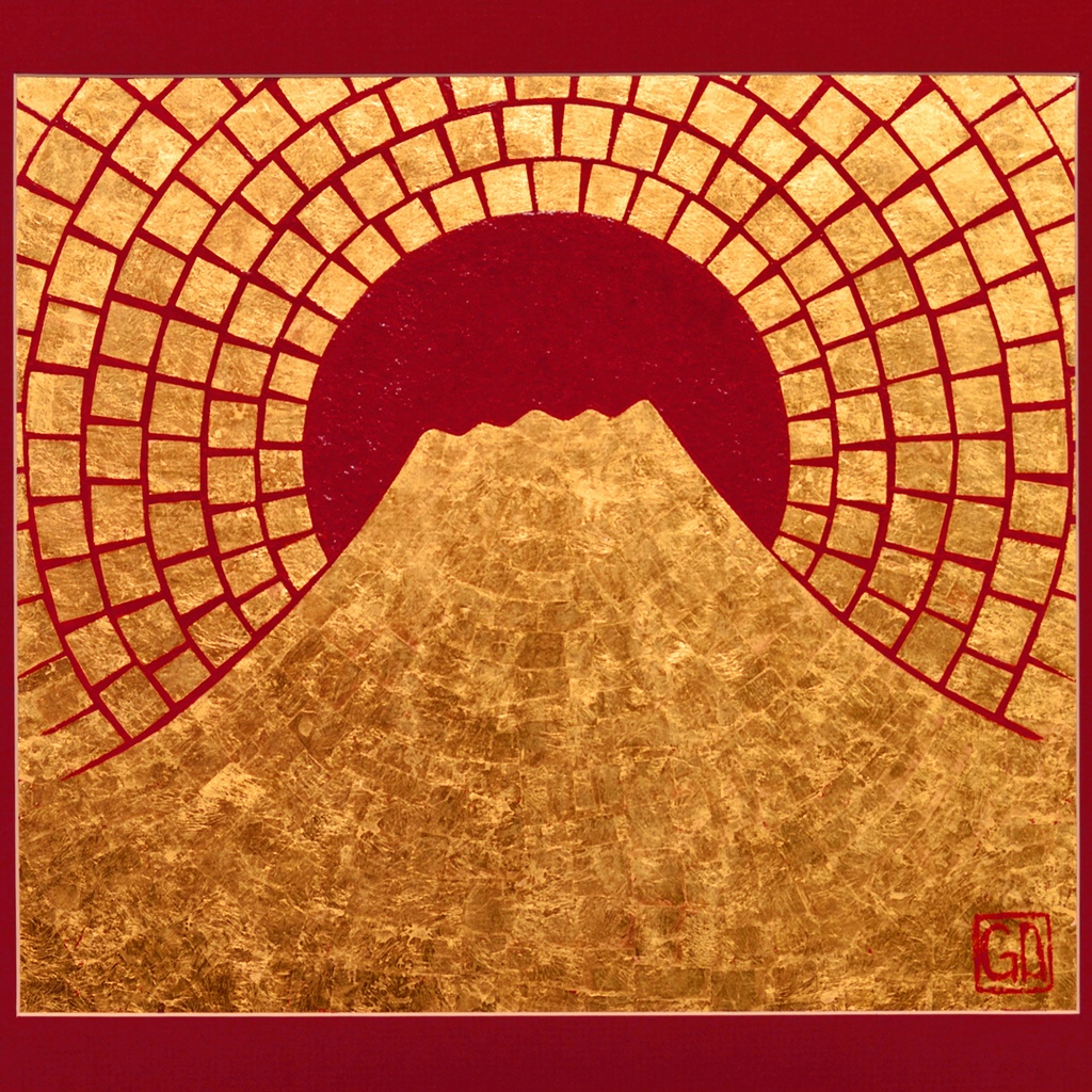作者直接山梨発送●『太陽と純金富士山』●がんどうあつし絵画24K石川県金沢産金箔