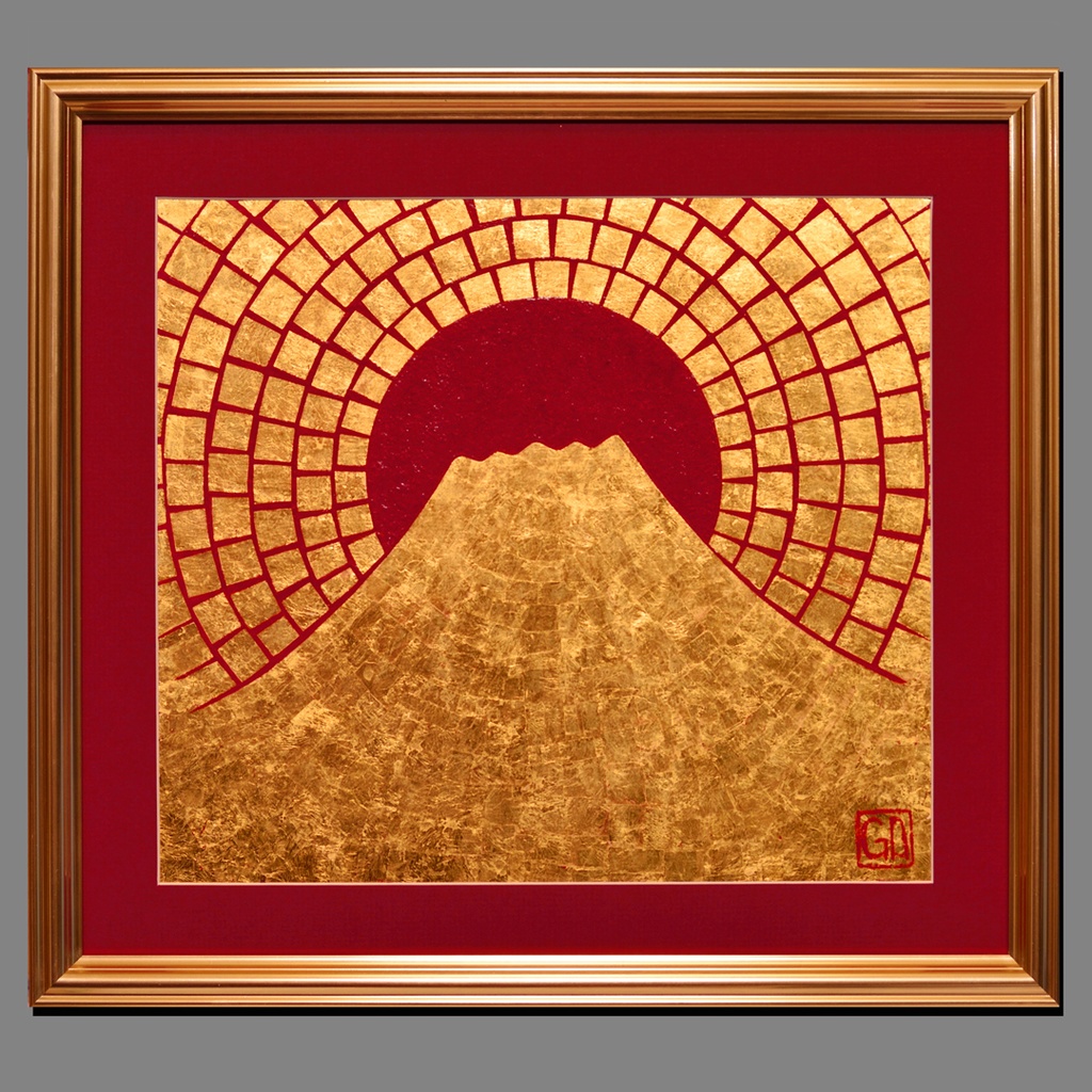 作者直接山梨発送●『太陽と純金富士山』●がんどうあつし絵画24K石川県金沢産金箔