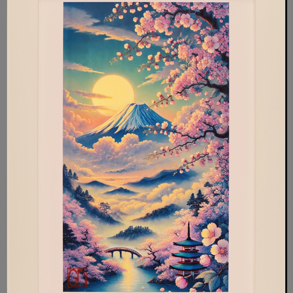 【いまを歴史にする AIアート】桜富士山日本20枚限定A4額●がんどうあつし制作