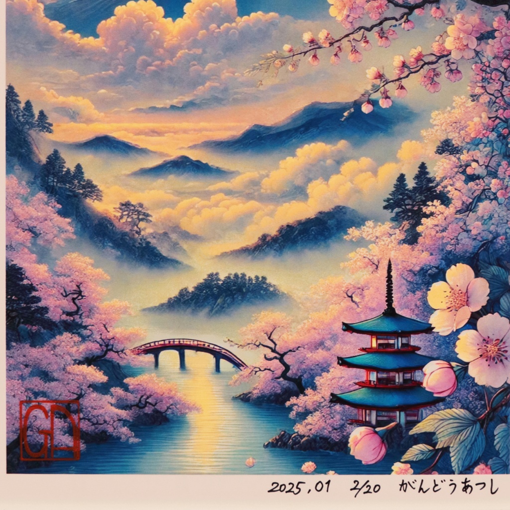 【いまを歴史にする AIアート】桜富士山日本20枚限定A4額●がんどうあつし制作