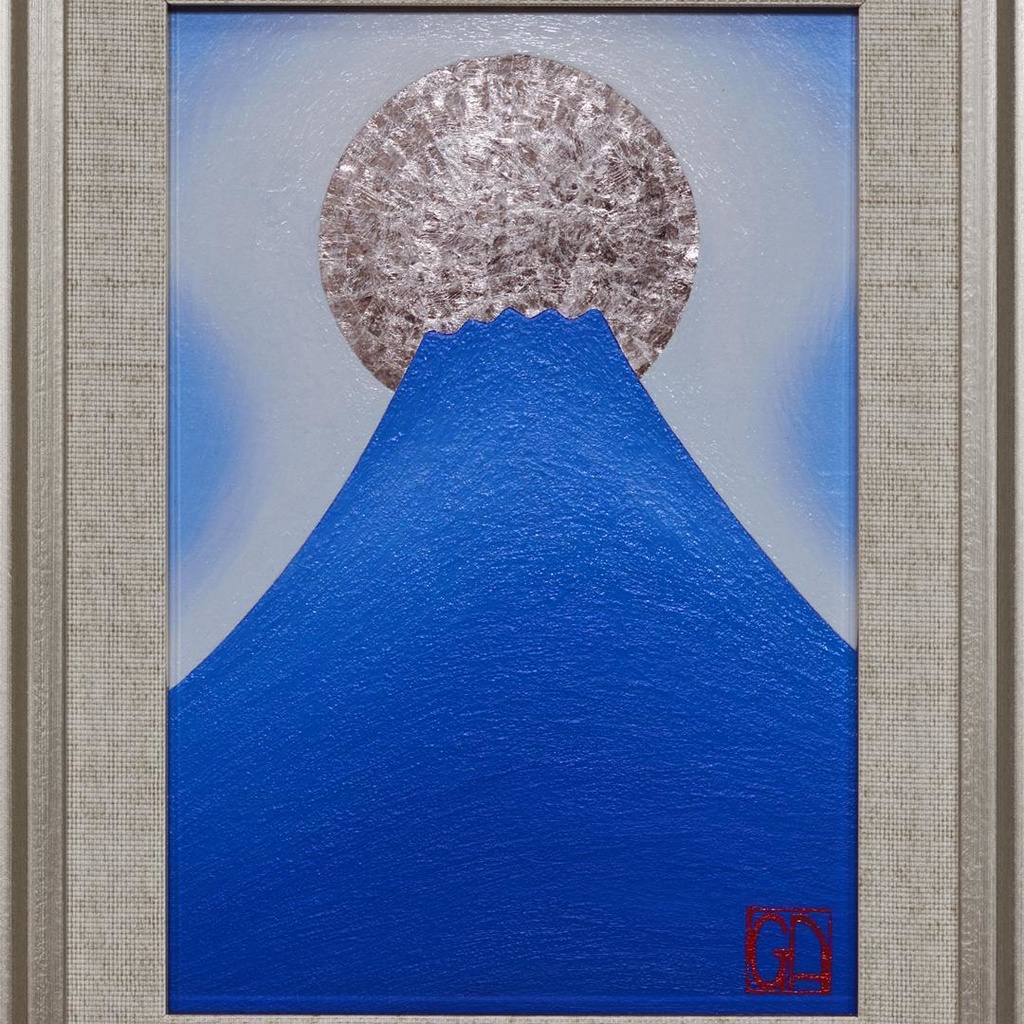 『青嶺円照』●SM油彩額付タテ36.3cm銀プラチナシルバー満月富士山がんどうあつし油絵