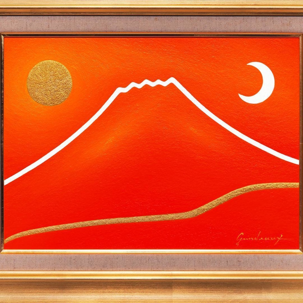 ●『朱に染まる赤富士』●がんどうあつし油絵画●F4号額縁付富士山真作山梨富士吉田発送