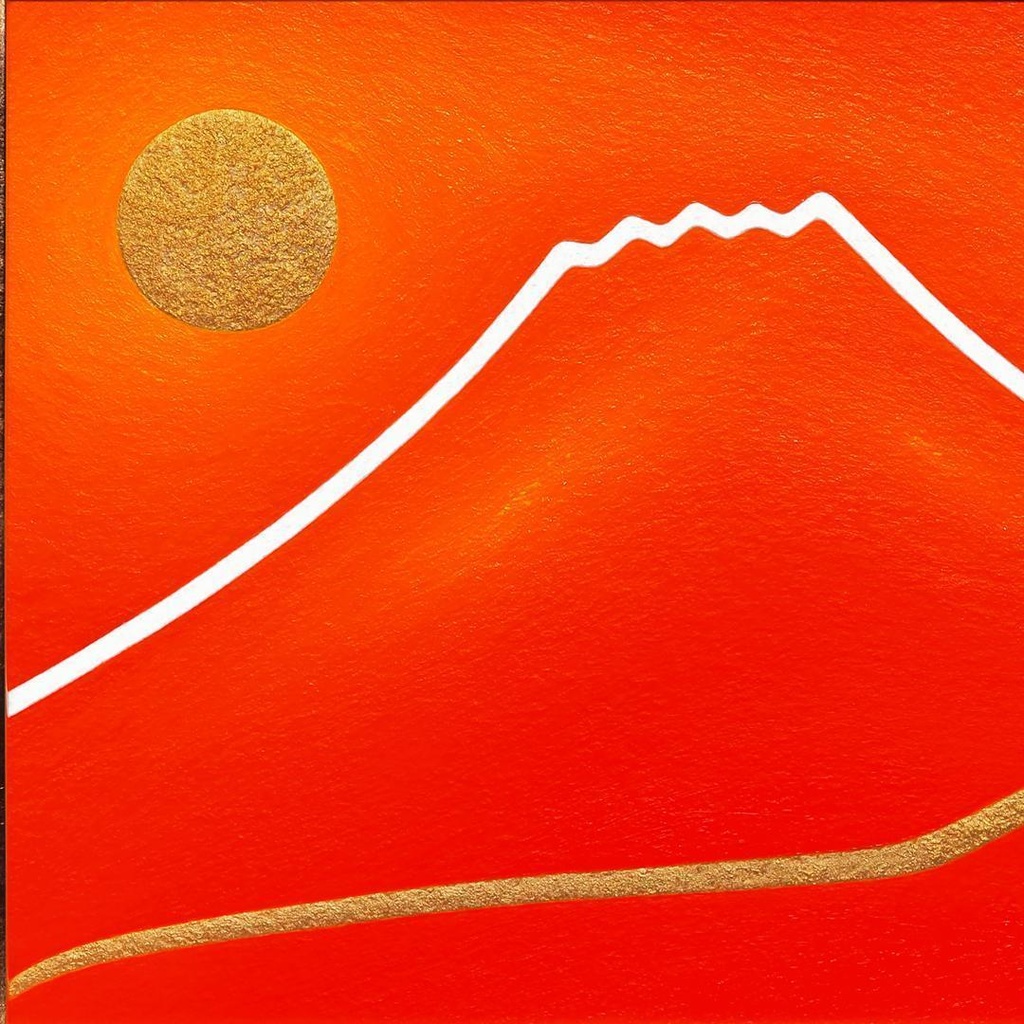 ●『朱に染まる赤富士』●がんどうあつし油絵画●F4号額縁付富士山真作山梨富士吉田発送