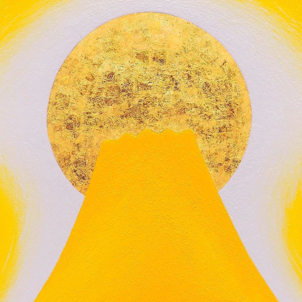 ●『金の太陽の発展黄富士』●がんどうあつし絵画油絵額付黄色開運金運日の出富士山石川県金沢産本金箔二号色純金:96.72%