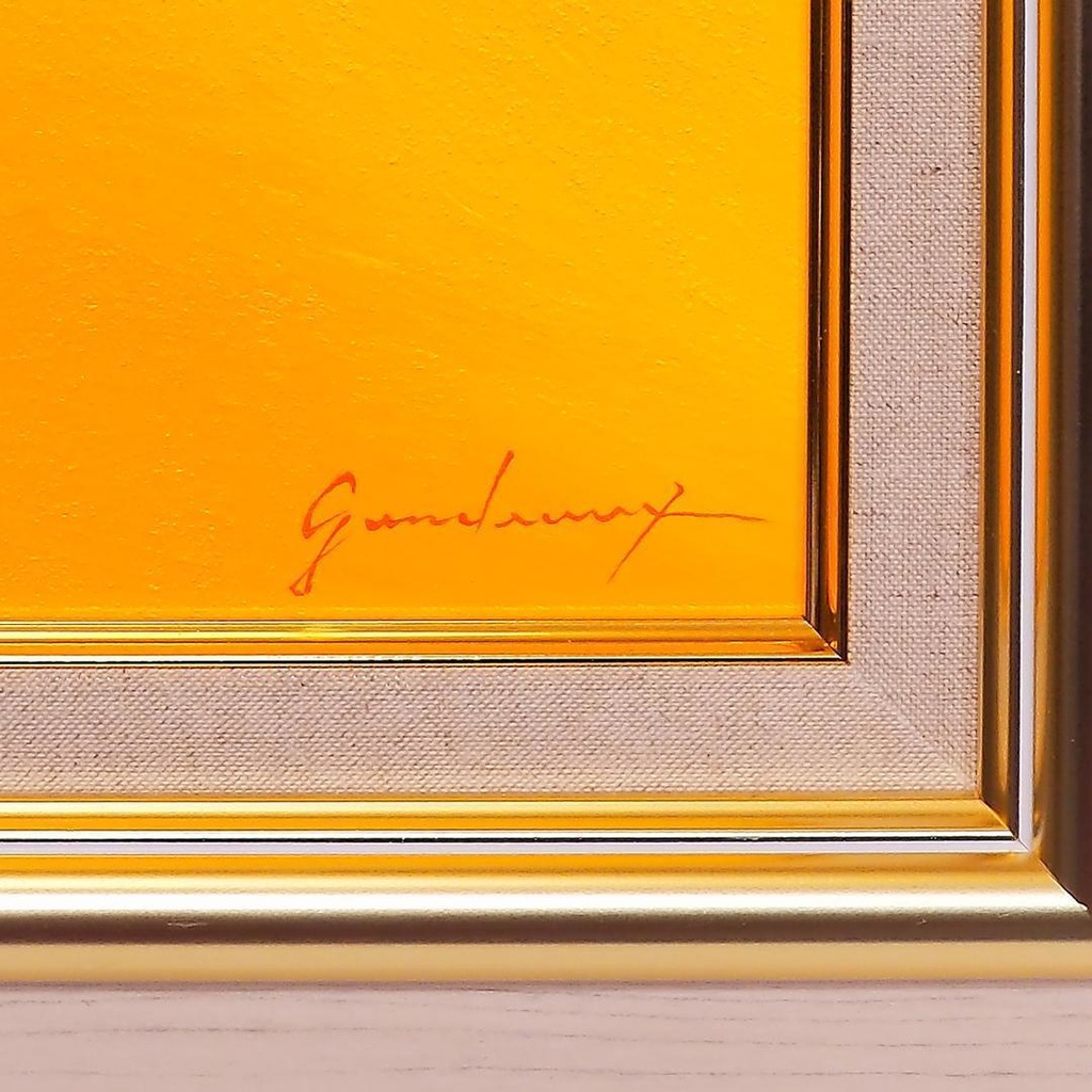 ●『金の太陽の発展黄富士』●がんどうあつし絵画油絵額付黄色開運金運日の出富士山石川県金沢産本金箔二号色純金:96.72%