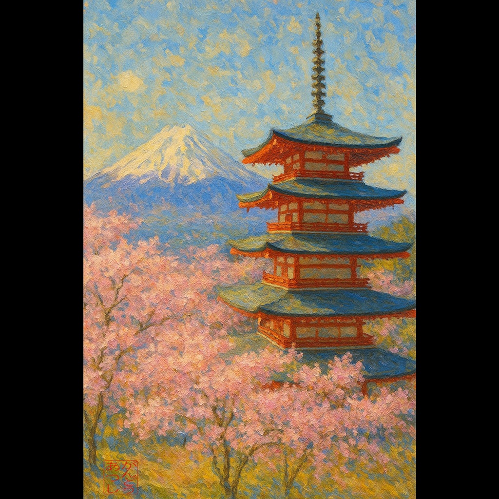 忠霊塔と桜と富士山【AIアート】/富士吉田・五重塔/日本風景 がんどうあつしデジタル絵画 AI Art Mt. mount Fuji Digital Art Cherry Blossom Japan