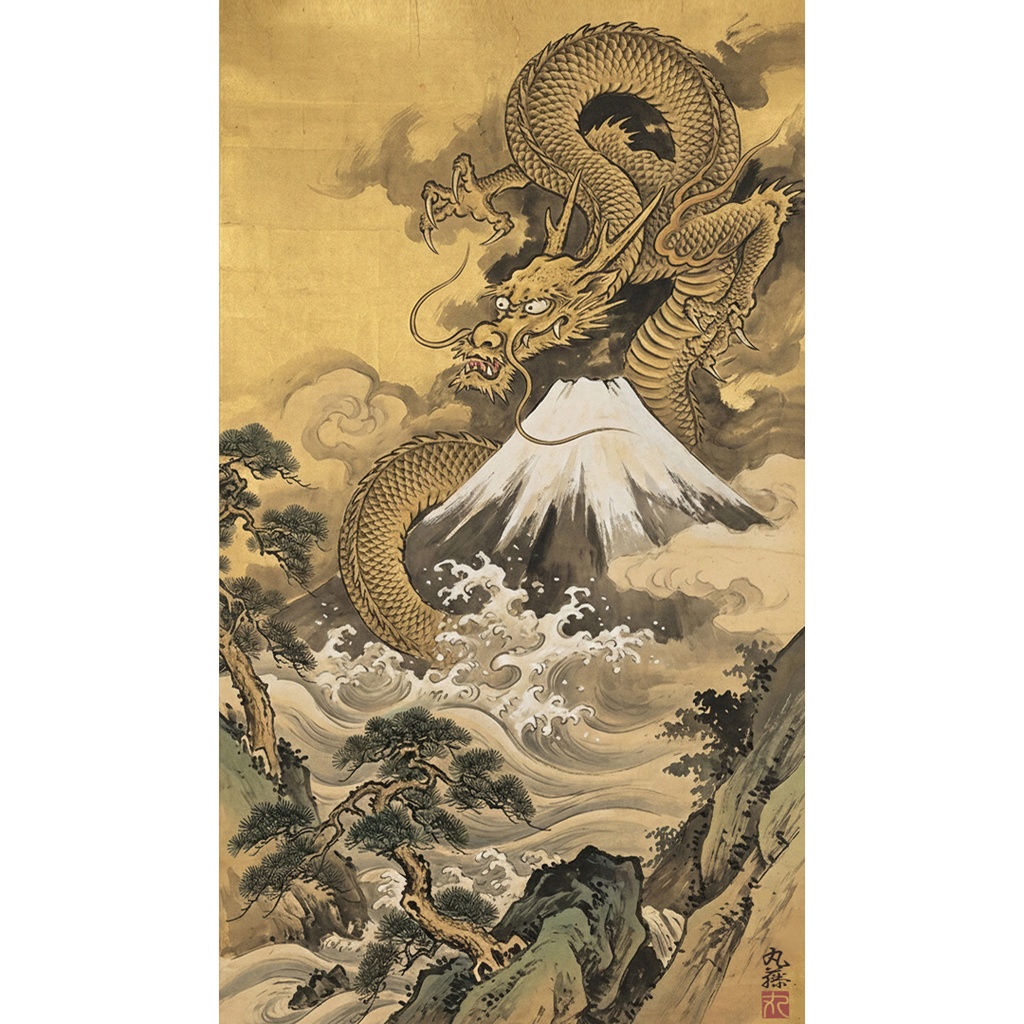 【AIアート】『覇龍霊峰』 AI生成 デジタルアート 日本絵画 富士山 がんどうあつし制作 AI digital art Dragon Mount Fuji Japan