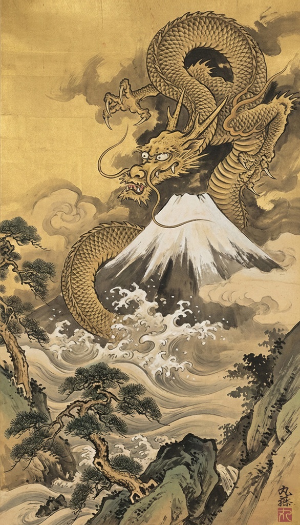 【AIアート】『覇龍霊峰』 AI生成 デジタルアート 日本絵画 富士山 がんどうあつし制作 AI digital art Dragon Mount Fuji Japan