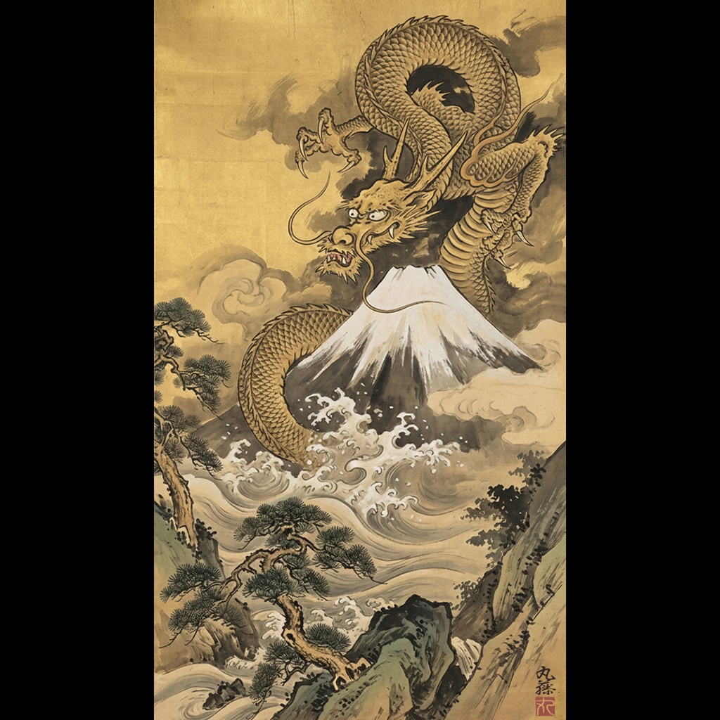 【AIアート】『覇龍霊峰』 AI生成 デジタルアート 日本絵画 富士山 がんどうあつし制作 AI digital art Dragon Mount Fuji Japan