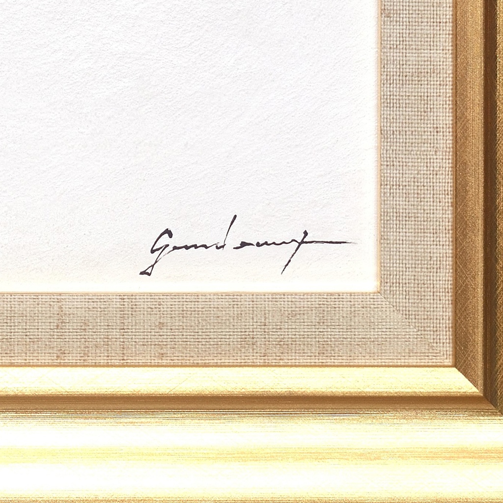 肉筆油絵●【日の出の太陽と白富士】がんどうあつし絵画F4号額縁付富士山朝日本