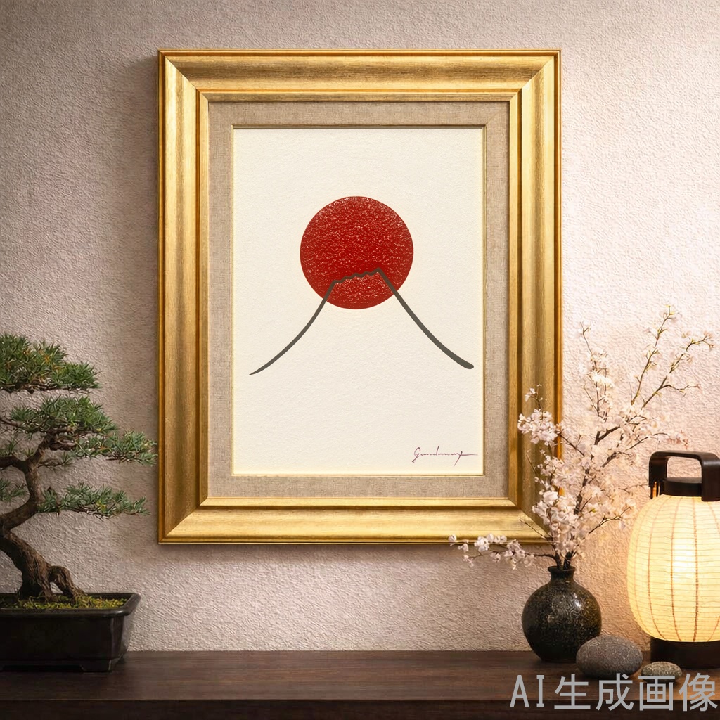 『日の丸の太陽と富士山』●がんどうあつし 絵画肉筆油絵原画 シンプル日本日の出夜明け