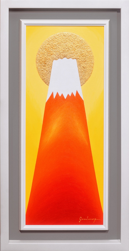 『金の太陽の大発展赤富士』24K純金箔使用●がんどうあつし油絵WF3ホワイト額付