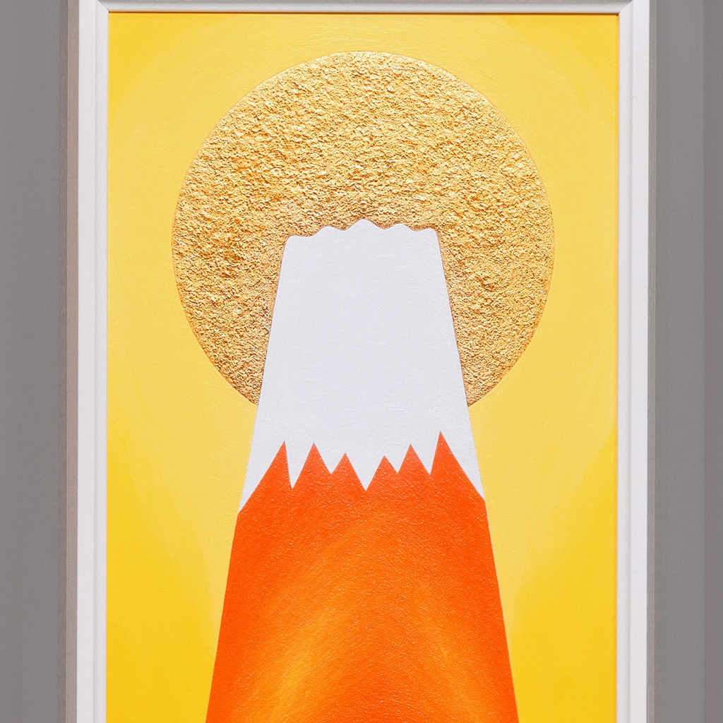 『金の太陽の大発展赤富士』24K純金箔使用●がんどうあつし油絵WF3ホワイト額付