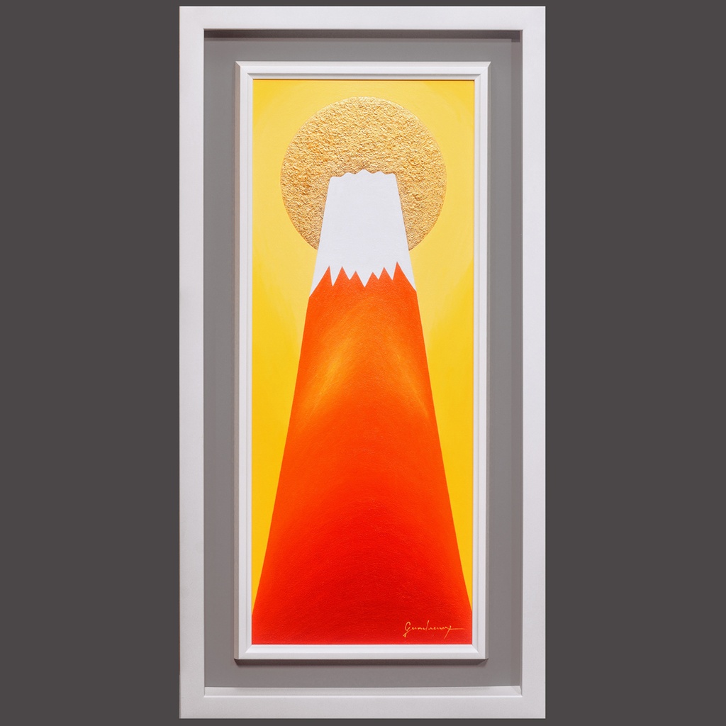 『金の太陽の大発展赤富士』24K純金箔使用●がんどうあつし油絵WF3ホワイト額付