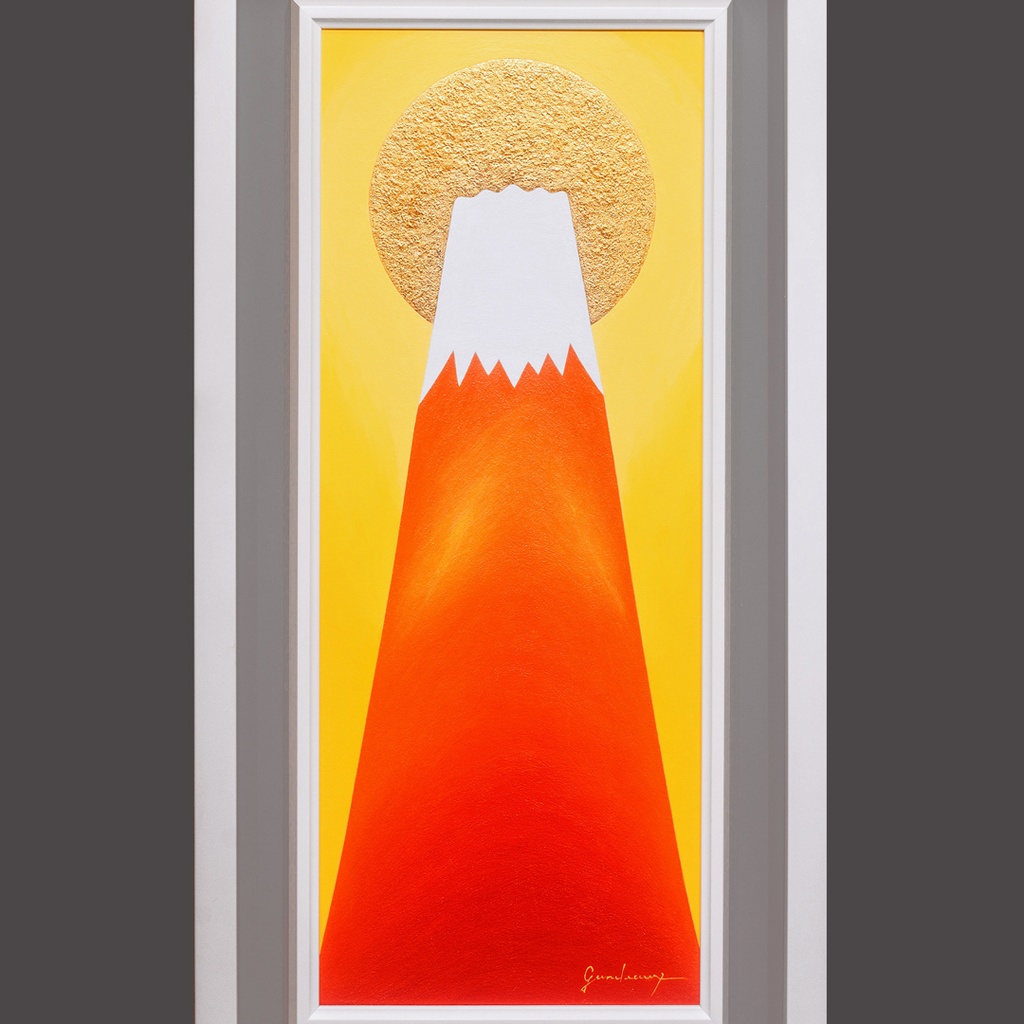 『金の太陽の大発展赤富士』24K純金箔使用●がんどうあつし油絵WF3ホワイト額付
