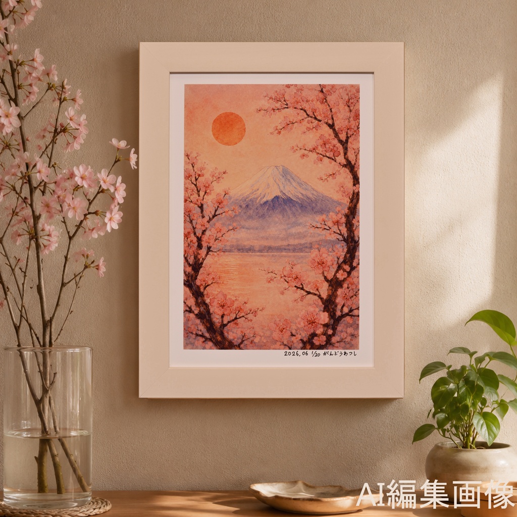 作者仕上げ『花めくころ』●がんどうあつしデジタル絵画AI使用A4額付縦34.8㎝